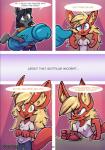 2019 absurd_res anthro canid canine comic dialogue digital_media_(artwork) dildo duo english_text female fennec_fox fox fur genitals hair hi_res humanoid_genitalia humanoid_penis male mammal penis ratcha red_body red_fur rick_(ratcha) sex_toy shaded text true_fox