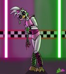 anthro beak black_sclera blood bodily_fluids bracelet exposed_endoskeleton female fingers glowing glowing_eyes jewelry machine open_beak open_mouth pink_body solo spiked_bracelet spikes white_body white_eyes ara_squawks five_nights_at_freddy's five_nights_at_freddy's:_security_breach scottgames steel_wool_studios glamrock_chica animatronic avian bird chicken galliform gallus_(genus) phasianid robot 2023 absurd_res digital_media_(artwork) hi_res