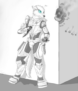 anthro armor explosives grenade gun handgun knife male ranged_weapon simple_background solo weapon plejman koshi canid canine canis mammal wolf greyscale hi_res monochrome spot_color