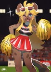 anthro biped black_clothing black_shirt black_topwear blonde_hair blue_eyes blurred_background bottomwear breasts brown_body brown_fur cheerleader cheerleader_outfit clothing eyewear eyewear_on_head female fur hair hair_between_eyes holding_pom_poms long_hair looking_at_viewer markings medium_breasts midriff one_eye_closed open_mouth outside pleated_skirt pom_poms red_bottomwear red_clothing red_skirt sharp_teeth shirt skirt sleeveless_shirt smile solo spots spotted_body spotted_fur stadium standing sunglasses sunglasses_on_head tail teeth topwear el-k vtuber buchiage_hannah hyena mammal spotted_hyena absurd_res hi_res signature