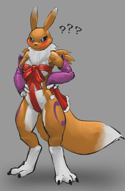 anthro arm_tuft armwear black_claws black_nose black_sclera blue_eyes blush breasts claws clothing digitigrade dipstick_ears dipstick_tail double_tomoe ear_markings female front_view fur gift_wrapped grey_background hand_on_hip hip_markings leg_markings markings multicolored_ears neck_tuft purple_armwear purple_clothing purple_markings question_mark shoulder_tuft simple_background smile socks_(marking) solo tail tail_markings thick_thighs tomoe_(symbol) tuft white_body white_fur wide_hips yellow_body yellow_fur mootsider bandai_namco digimon digimon_(species) renamon absurd_res hi_res