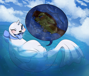 abdominal_bulge air_bubble ambiguous_gender blue_bow blue_tongue blush breath brown_body brown_fur cloud cutaway day duo female feral fin fur hand_on_own_belly head_tuft horn inner_ear_fluff inside_stomach internal looking_at_viewer mouth_shot narrowed_eyes one_eye_closed open_mouth open_smile oral_vore outside partially_submerged pawpads pink_pawpads sky smile tail tail_fin teeth text tongue tongue_out tuft vore water white_body wink winking_at_viewer yellow_body yellow_fur yellow_inner_ear_fluff rainypaws nintendo pokemon endivie_(rainypaws) canid canine dewgong fox generation_1_pokemon mammal pokemon_(species) artist_name
