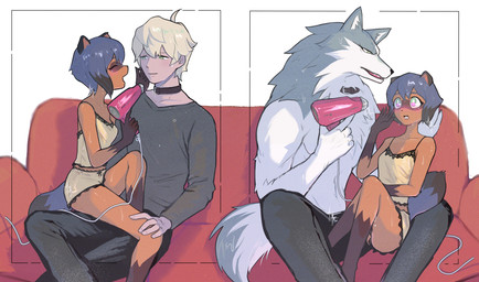 anthro blue_eyes blush bottomwear clothing collar dryer female fur furniture hair_dryer love male male/female on_lap on_sofa orange_body orange_fur pajamas pants romantic romantic_couple sitting sitting_on_lap smile sofa wet white_body white_skin k_kp_18 brand_new_animal studio_trigger michiru_kagemori shirou_ogami canid canine canis human mammal raccoon_dog tanuki wolf absurd_res alternate_version_at_source hi_res smaller_version_at_source
