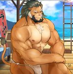 abs anthro asian_clothing beard blue_sky brown_body brown_eyes brown_fur bulge chest_tuft clothed clothing cloud east_asian_clothing facial_hair fundoshi fur green_hair hair japanese_clothing male muscular muscular_anthro muscular_male nipples outside pecs pink_nose sky solo tail tail_tuft teeth topless tuft underwear vein wet whiskers p2yong lifewonders tokyo_afterschool_summoners arsalan_(tas) felid lion mammal pantherine