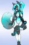 anthro biped breasts collar ear_piercing female genitals gradient_background hair long_hair machine nipples piercing pussy simple_background smile solo standing white_background raykayra helix android robot absurd_res hi_res