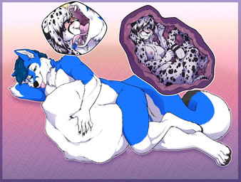 anthro anthro_pred anthro_prey belly big_belly blue_body blue_fur blush bodily_fluids breasts cutaway duo female female_prey fully_inside fur hand_on_belly hand_on_own_belly head_in_mouth huge_belly inside_stomach internal male male/female male_pred medium_breasts nude oral_vore organs saliva same_size_vore smile stomach tongue tongue_out uvula vore willing_prey blizzieart canid canine canis felid leopard mammal pantherine wolf absurd_res digital_media_(artwork) hi_res
