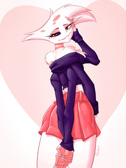 anthro bottomwear chest_tuft clothed clothing crop_top crossdressing femboy fur hand_on_head hands_behind_back heart_symbol looking_at_viewer male multi_arm multi_limb off_shoulder_shirt shirt simple_background skirt smile solo teeth topwear tuft white_body junker_draws hazbin_hotel hellaverse angel_dust animal_humanoid arachnid arachnid_humanoid arthropod arthropod_humanoid demon humanoid spider absurd_res hi_res