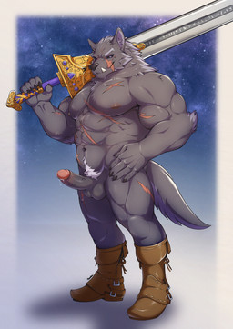 5_fingers anthro areola balls black_sclera bodily_fluids claws erection fingers genital_fluids genitals glans holding_melee_weapon holding_object holding_sword holding_weapon humanoid_genitalia humanoid_penis inner_ear_fluff male melee_weapon muscular muscular_anthro muscular_male nipples penis precum purple_eyes scar solo sword tail tuft weapon orcakunart elden_ring fromsoftware blaidd_(elden_ring) canid canine canis mammal wolf absurd_res hi_res