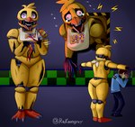 anthro duo female humor machine male male_human purple_eyes t-pose wire yellow_body e4hargus five_nights_at_freddy's five_nights_at_freddy's_2 scottgames jeremy_fitzgerald withered_chica_(fnaf) animatronic avian bird chicken galliform gallus_(genus) human mammal phasianid robot 2024 absurd_res digital_media_(artwork) hi_res