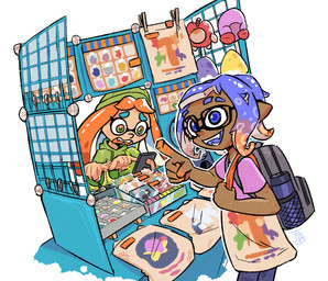 blue_eyes booth clothed clothing duo eyemask eyewear fully_clothed gesture glasses green_eyes hand_gesture holding_object hoodie not_furry open_mouth open_smile pointing pointy_ears pseudo_hair shopping smile tentacle_hair tentacles topwear theblueberrycarrots nintendo splatoon inkling_girl cephalopod humanoid inkling marine mollusk 2024 digital_drawing_(artwork) digital_media_(artwork) hi_res signature