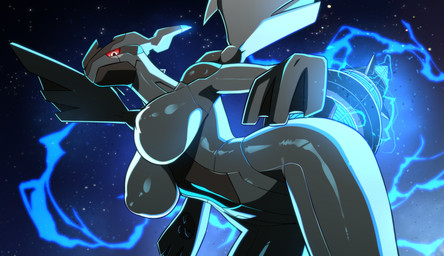 3_fingers anthro anthrofied arms_bent big_breasts biped black_body blue_electricity breasts claws cosmic_background curvy_figure electricity electricity_manipulation elemental_manipulation featureless_crotch female female_anthro finger_claws fingers glistening glistening_body glistening_breasts glistening_thighs grey_body grey_wings hourglass_figure looking_at_viewer low-angle_view mouth_closed multicolored_body nipples nude nude_anthro nude_female pokemorph pupils red_sclera sky small_waist solo spike_(anatomy) standing starry_background tail thick_thighs two_tone_body white_eyes wide_hips wings pendoraaaa1 nintendo pokemon generation_5_pokemon legendary_pokemon pokemon_(species) zekrom 2025 digital_media_(artwork) hi_res japanese_description portrait shaded three-quarter_portrait