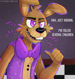 anthro big_bow_tie big_teeth black_eyebrows black_nose bow_(feature) bow_tie brown_body brown_fur buckteeth checkered checkered_wall close-up clothed clothing dialogue eyebrows fur gesture half-closed_eyes hand_gesture long_ears male multicolored_body multicolored_fur narrowed_eyes open_mouth pointing pointing_at_self purple_eyes skinny smile solo standing talking_to_viewer tan_body tan_fur teeth text thin_eyebrows toony topwear vest whiskers toy-bonnie five_nights_at_freddy's five_nights_at_freddy's:_help_wanted fnaf_vr_help_wanted scottgames glitchtrap lagomorph leporid mammal rabbit 2020 english_text hi_res