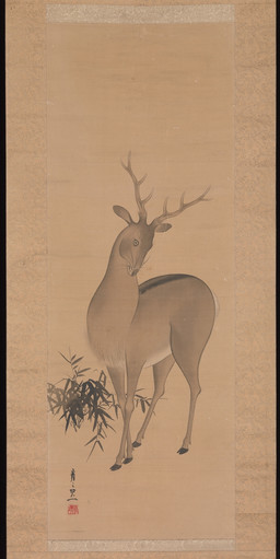 2_horns ambiguous_feral ambiguous_gender antlers cjk_character cloven_hooves feral fur hooves horn quadruped short_tail simple_background solo standing tail three-quarter_view unguligrade whiskers suzuki_kiitsu public_domain deer mammal 19th_century ancient_art hi_res painting_(artwork) traditional_media_(artwork) traditional_painting_(artwork)