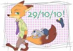 anthro black_nose blue_eyes clothed clothing dipstick_ears dipstick_tail duo ear_markings female fur gloves_(marking) green_eyes male markings multicolored_ears necktie orange_body orange_fur purple_eyes scut_tail short_tail tail tail_markings izumi_(artist) izumi_h27 disney zootopia judy_hopps nick_wilde canid canine fox lagomorph leporid mammal rabbit red_fox true_fox 2017