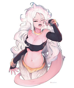arm_warmers armwear big_breasts black_nails black_sclera bracelet breasts clothed clothing colored_nails female gold_(metal) gold_jewelry hair half-closed_eyes harem_pants jewelry long_hair midriff nails narrowed_eyes navel neck_ring not_furry one_eye_closed open_mouth pink_body pink_skin pink_tail red_eyes simple_background solo standing tail teeth white_background white_hair yawn roodiwn dragon_ball dragon_ball_fighterz android_21 majin_android_21 alien alien_humanoid humanoid majin 2018 hi_res signature