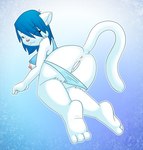 3_toes anthro anus blue_hair breasts clothed clothing domestic_cat feet felid feline felis female genitals hair looking_at_viewer mammal nerdmouse nipples partially_clothed pussy solo toes underwear underwear_down white_body