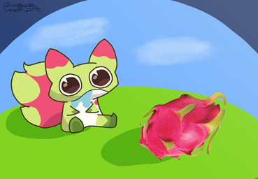 ambiguous_feral ambiguous_gender big_tail bodily_fluids brown_eyes cloud dragon_fruit dragon_fruit_markings drooling feral food fruit gloves_(marking) green_body huge_tail leg_markings markings multicolored_body pie_cut_eyes plant red_ears saliva simple_background sky socks_(marking) solo stare tail toony toony_eyes wide_eyed chaquetaverde clash_of_critters farlight_(company) amphibian food_creature frog frugling_(clash_of_critters) tatari_(clash_of_critters) 2026 hi_res signature