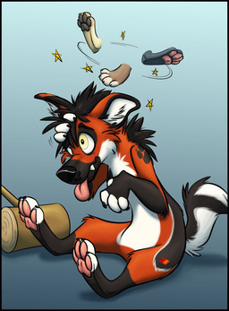 anthro dazed dizzy hammer hand_on_head holding_head male paws seeing_stars stars_around_head tongue tongue_out tools mitsumutt mitsubishi canid canine canis domestic_dog mammal digital_drawing_(artwork) digital_media_(artwork) hi_res