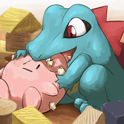 3_toes 5_fingers ambiguous_feral ambiguous_gender bite blue_body blue_scales daww fangs feet feral fingers multicolored_body multicolored_scales open_mouth pink_tongue plush_stuffing plushie pokedoll pupils red_eyes scales snout solo teeth toes tongue toy_block two_tone_body two_tone_scales yellow_body yellow_scales spicyichizo nintendo pokemon clefairy crocodilian generation_1_pokemon generation_2_pokemon pokemon_(species) reptile scalie totodile 1:1 2025 absurd_res hi_res shaded