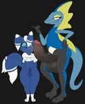2_tails 3_toes 4_fingers 5_fingers absurd_res anthro ball_size_difference balls big_balls big_penis black_background black_body blue_balls blue_body blue_fur blue_penis blue_sclera blue_tail bodily_fluids budge_(artist) cape clothing darkened_balls darkened_genitalia darkened_penis digital_media_(artwork) disinterested duo erection fangs feet fingers fluffy fluffy_tail foreskin front_view fur generation_6_pokemon generation_8_pokemon genitals glans gloves_(marking) grey_balls grey_penis hand_on_hip hi_res huge_balls huge_penis humanoid_genitalia humanoid_penis hyper hyper_balls hyper_genitalia hyper_penis index_to_index inteleon leg_markings looking_at_genitalia looking_at_penis looking_away male male/male mammal markings meowstic multi_tail multicolored_body multicolored_fur musk neck_tuft nervous nervous_smile nintendo nude partially_retracted_foreskin penis penis_on_face penis_size_difference pokemon pokemon_(species) retracted_foreskin signature simple_background size_difference socks_(marking) standing steam sweat sweaty_balls sweaty_genitalia sweaty_penis tail tan_glans teal_sclera teeth toes tuft two_tone_body two_tone_fur two_tone_tail white_body white_fur white_markings white_tail wide_eyed yellow_body yellow_eyes yellow_teeth