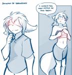 2018 adobe_photoshop_(artwork) anthro basitin blindfold blush bottomwear canid canine canis chest_wraps clothed clothing conditional_dnp confusion dialogue digital_media_(artwork) duo ears_back embarrassed english_text female hi_res humor keidran keith_keiser male mammal midriff monochrome natani pivoted_ears shorts simple_background sketch smile text thought_bubble tom_fischbach trans_(lore) trans_man_(lore) twokinds white_background wolf wraps