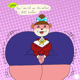 anthro big_butt bottomwear bow_tie brown_hair butt butt_expansion clothing countershade_face countershading crossbar_emanata curvy_figure dialogue emanata expansion eyelashes female freckled_face freckles fur hair halftone_background hip_expansion huge_butt huge_hips huge_thighs hyper hyper_butt hyper_hips hyper_thighs jacket logo onomatopoeia pattern_background pink_body pink_fur simple_background skirt solo sound_effects spherical_breasts text thick_thighs thigh_expansion topwear wide_hips thatdawgmurray animal_crossing nintendo lottie_(animal_crossing) mammal mustelid otter aliasing artist_logo artist_name digital_media_(artwork) english_text halftone hi_res signature