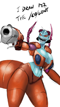 antennae_(anatomy) big_breasts breasts crossgender female gun handgun holding_gun holding_object holding_ranged_weapon holding_weapon looking_at_viewer machine open_mouth ranged_weapon red_eyes simple_background solo standing teeth text weapon unknown_artist hasbro takara_tomy transformers transformers:_beast_wars inferno_(beast_wars) ant arthropod cybertronian humanoid hymenopteran insect predacon robot robot_humanoid 2017 9:16 digital_media_(artwork) english_text hi_res