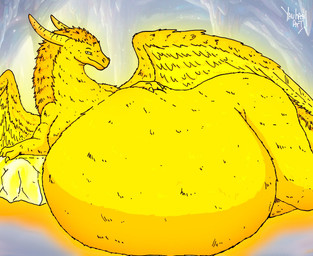 ambiguous_gender belly big_belly feral fur horn lying morbidly_obese obese on_side overweight solo wings yellow_arms yellow_belly yellow_body yellow_fur yellow_horn yellow_legs yellow_wings yauhasart mythology dragon mythological_creature mythological_scalie scalie 2026 flat_colors hi_res watermark