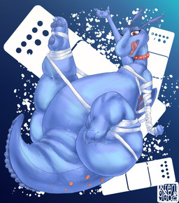 anthro bandage belly blue_body blue_pawpads brown_eyes claws collar entangled featureless_crotch male markings nude one_eye_closed orange_markings overweight pawpads raised_arm raised_leg smile solo spiked_tail spikes spikes_(anatomy) spots spotted_markings spotted_tail studded_collar studs tail tail_markings thick_thighs tongue tongue_out wink wraps xtrent968 doc_mcstuffins mythology stuffy_the_dragon dragon mythological_creature mythological_scalie scalie 2015 hi_res