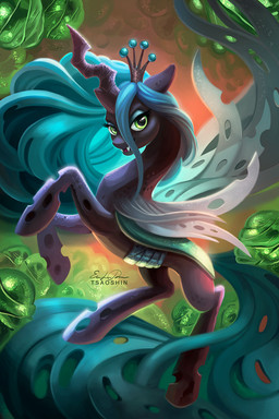 chrysalis crown eyelashes eyeshadow fangs female feral floppy_ears green_eyes hair headgear hive hole_(anatomy) hooves horn insect_wings long_hair looking_at_viewer makeup mascara nude open_mouth open_smile pose smile solo teal_hair teeth tongue wings tsaoshin friendship_is_magic hasbro my_little_pony queen_chrysalis_(mlp) arthropod changeling equid mammal 2018 2:3 digital_media_(artwork) digital_painting_(artwork) hi_res painting_(artwork) portrait signature