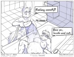 2015 anthro bathing bathroom belly big_belly big_breasts breasts bulge canid canine canis clothed clothing comic detailed_bulge dialogue duo english_text erection erection_under_clothing eyes_closed faf female fox genital_outline hetty_(faf) jimmy_(faf) male mammal monochrome navel nipples nude obese overweight penis_outline smile speech_bubble text water wet wolf