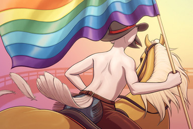 ambiguous_feral ambiguous_gender anthro beak belt biped chaps clothed clothing duo feathers feral flag flag_(object) leather leather_chaps lgbt_pride male male_anthro pride_color_flag pride_colors rainbow_pride_colors reins topless glopossum texas_furry_fiesta avian bird crane_(bird) equid equine gruiform grus_(genus) horse mammal whooping_crane 2026 nonbinary_(lore)