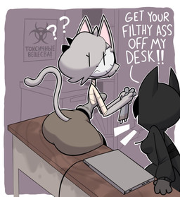 animal_mask anthro belt big_butt biohazard_symbol biped black_clothing black_hoodie black_topwear bookshelf border bottomwear breasts brown_bottomwear brown_clothing butt cat_tail cheek_tuft chest_wraps clothing computer desk dialogue duo electronics exclamation_point eye_through_hair eyelashes facial_tuft female filing_cabinet furgonomic_bottomwear furgonomics furniture grey_clothing grey_shirt grey_tank_top grey_topwear hair hazard_symbol hoodie laptop mask neck_wraps pointy_ears prick_ears sack severed_arm severed_body_part severed_limb shirt sitting small_waist stain symbol table tank_top text topwear translucent translucent_hair tuft white_border wraps maddeku gata_the_future_russian_kitty bonnie_bonnet gata_preobrazhenskaya domestic_cat felid feline felis mammal russian_blue english_text hi_res russian_text translated