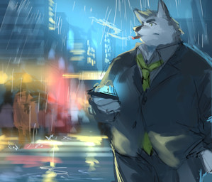 anthro black_nose bottomwear cellphone city clothing detailed_background electronics grey_body kemono male necktie night outside overweight overweight_male pants phone raining shirt smartphone smoking solo suit topwear ga_sai7 canid canine canis mammal wolf 2021 hi_res