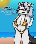 anthro beach_background big_breasts bikini blush blush_lines bodily_fluids breasts clothing female gesture hand_gesture hand_on_hip insult insulting_viewer middle_finger navel pupils red_sclera sea slit_pupils solo speech_bubble summer sweat sweaty_breasts sweaty_legs swimwear text two-piece_swimsuit water mishyad golden_week helluva_boss mythology loona_(helluva_boss) canid canid_demon canine canis demon hellhound mammal mythological_canine mythological_creature wolf 2025 absurd_res english_description english_text hi_res signature watermark
