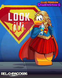 anthro blonde_hair blue_clothing blue_shirt blue_topwear bottomwear cape clothing container cup female fur graffiti hair holding_container holding_cup holding_object long_hair looking_at_viewer red_bottomwear red_cape red_clothing red_skirt shirt skirt solo text topwear yellow_body yellow_fur relampago686 club_penguin dc_comics supergirl avian bird penguin absurd_res artist_name english_text hi_res