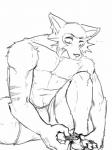 anthro clothed clothing front_view male muscular muscular_anthro muscular_male nail_clipper nail_clipping nails scar snout solo topless hakiahki beastars legoshi_(beastars) canid canine canis mammal wolf 3:4 monochrome