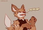 5_fingers anthro brown_body brown_fur claws clothed clothing dipstick_tail fingers fur male markings simple_background solo tail tail_markings tail_motion text lawyerdog cantio_(lawyerdog) canid canine canis coyote mammal animated short_playtime