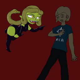 after_transformation asfr black_bottomwear black_clothing black_pants bottomwear clothing duo fangs female floating gesture green_body green_eyes green_hair green_sclera green_skin hair hand_gesture inanimate_transformation latex latex_clothing living_hair open_mouth pants petrification pink_tongue pointing pointing_at_another pointy_ears pseudo_hair red_background sculpture shirt simple_background snake_hair statue t-shirt teeth tongue topwear transformation cardboardcutoutcbc european_mythology greek_mythology mythology cobra_(cardboardcutout) gorgon human humanoid mammal reptile scalie snake 1:1 2022 clip_studio_paint_(artwork) digital_drawing_(artwork) digital_media_(artwork) english_description