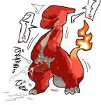 animal_genitalia anthro bodily_fluids cum cum_on_ground cumshot ejaculation erection eyes_closed fire flaming_tail genital_fluids genital_slit genitals hands-free male nude orgasm orgasm_face penis semi-anthro simple_background solo standing tail text noriburu nintendo pokemon charmeleon generation_1_pokemon pokemon_(species) reptile scalie japanese_text