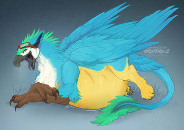 ambiguous_feral ambiguous_gender beak black_beak blue_body blue_feathers blue_wings bodily_fluids brown_eyes feathered_wings feathers feral glistening glistening_eyes grass lying on_front open_mouth plant saliva saliva_string side_view simple_background solo white_body white_feathers wings yellow_body yellow_feathers santanahoffman mythology avian gryphon mythological_avian mythological_creature