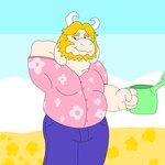 2_horns anthro beard belly blonde_hair bodily_fluids clothed clothing facial_hair fur hair horn long_ears male musclegut muscular overweight overweight_anthro overweight_male raised_clothing raised_topwear shirt simple_background solo sweat topwear white_body white_fur rafaelart_br undertale_(series) asgore_dreemurr bovid caprine goat mammal 1:1 hi_res
