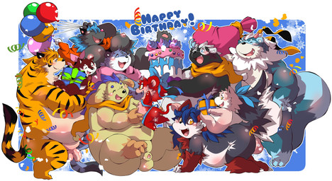 ambiguous_gender animal_genitalia anthro balls belly big_belly big_butt big_tail birthday birthday_cake black_body black_fur black_nose black_tail black_tail_tip blue_body blue_fur blue_hair blue_markings blue_tail blue_tail_tip blush butt cake cake_on_head cheek_tuft curvy_figure cute_fangs dessert dipstick_ears dipstick_tail ear_markings eyes_closed facial_markings facial_tuft fangs flaccid floppy_ears food fur genitals glans glistening glistening_balls glistening_belly glistening_body glistening_eyes glistening_genitalia glistening_glans glistening_penis glistening_tongue gloves_(marking) green_eyes group hair happy happy_birthday head_markings heart_symbol humanoid_genitalia humanoid_penis hybrid_genitalia hybrid_penis kneeling leg_markings licking licking_another light long_tail lying male markings multicolored_body multicolored_ears multicolored_fur musical_note musical_symbol narrowed_eyes navel neck_tuft nude on_another on_front one_eye_closed open_mouth open_smile orange_body orange_eyes orange_fur orange_hair orange_tail overweight overweight_anthro overweight_male penis pink_body pink_fur pink_glans pink_tongue pupils red_body red_ear_tips red_fur red_markings sheath sheathed_humanoid_penis short_tail simple_background slightly_chubby slightly_chubby_anthro slightly_chubby_male slit_pupils smile snout socks_(marking) striped_body striped_fur striped_markings striped_tail stripes symbol tail tail_markings tan_body tan_fur teeth text thick_thighs tongue tuft two_tone_body two_tone_fur white_background white_body white_fur white_hair white_sclera white_tail yellow_eyes chibineco rados_vein_(judenight) canid canine canis domestic_dog felid feline felis mammal mephitid pantherine skunk tiger unknown_species 2025 absurd_res colored digital_drawing_(artwork) digital_media_(artwork) english_text flat_colors hi_res lighting shaded widescreen