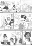 anthro canid canine canis cellphone chest_tuft clothing comic cotton_(artist) dialogue domestic_dog electronics english_text female fur greyscale male mammal monochrome nitobe phone text tooboe_bookmark tuft