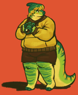 anthro barefoot big_tail biped blonde_hair bottomwear camera clothing feet green_body green_horn hair holding_camera holding_object hoodie horn male red_background shorts simple_background slightly_chubby solo standing stripes tail topwear serafphim charlie_(serafphim) dinosaur hadrosaurid ornithischian ornithopod parasaurolophus prehistoric_species reptile scalie hi_res