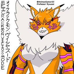 anthro armor body_armor breasts clothing cross_pupils facial_markings featureless_breasts female female_anthro fur gauntlets gauntlets_(weapon) gloves handwear head_markings markings name_drop orange_body orange_fur red_eyes red_sclera shoulder_pads simple_background smile solo text title tuft watermarked_at_source white_background x_eyes x_pupils animexgamer professor_ryuusei bandai_namco digimon digimon_(species) domestic_cat felid feline felis maine_coon mammal meicrackmon meicrackmon_vicious_mode 1:1 digital_media_(artwork) digital_painting_(artwork) english_text half-length_portrait japanese_text painting_(artwork) portrait shaded watermark