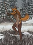4_toes aiming_at_another anthro arrow_(weapon) barefoot blue_sclera bottomwear bow_(weapon) claws clothing crotchless_bottomwear crotchless_clothing crotchless_pants feet fur_collar holding_object holding_weapon jewelry loincloth male navel one_leg_up outside pants paws plant raised_leg raised_tail ranged_weapon snow solo standing tail toes tree tribal tribal_clothing tribal_jewelry weapon banoncat canid canine fox mammal 2021 hi_res