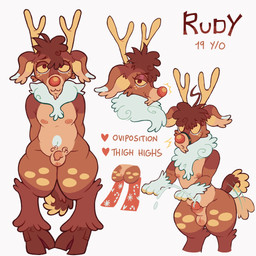 anthro antlers bodily_fluids chest_tuft cum ejaculation femboy foreskin genital_fluids genitals horn male nipples penis red_nose thick_thighs tuft theredlace rudolph_the_red-nosed_reindeer deer mammal new_world_deer reindeer 1:1 hi_res model_sheet