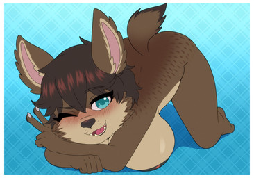 anthro areola ass_up big_breasts biped black_nose blush blush_lines border breast_squish breasts brown_body brown_hair cheek_tuft claws countershade_face countershade_torso countershading eyebrows facial_tuft female front_view gesture hair hand_gesture huge_breasts loli looking_at_viewer multicolored_body nude one_eye_closed open_mouth oppai_loli short_hair short_tail simple_background solo squish tail tan_body tan_countershading teeth tongue tuft two_tone_body v_sign white_border wink winking_at_viewer young young_anthro young_female gi0 hyena mammal 2025 hi_res