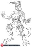 anthro armor breasts claws clothed clothing digitigrade female genitals horn logo long_tail looking_at_viewer medium_breasts non-mammal_breasts pussy skimpy solo standing tail teeth toe_claws torn_clothing predaguy ninja_gaiden demon galla 2021 artist_logo digital_media_(artwork) hi_res line_art monochrome